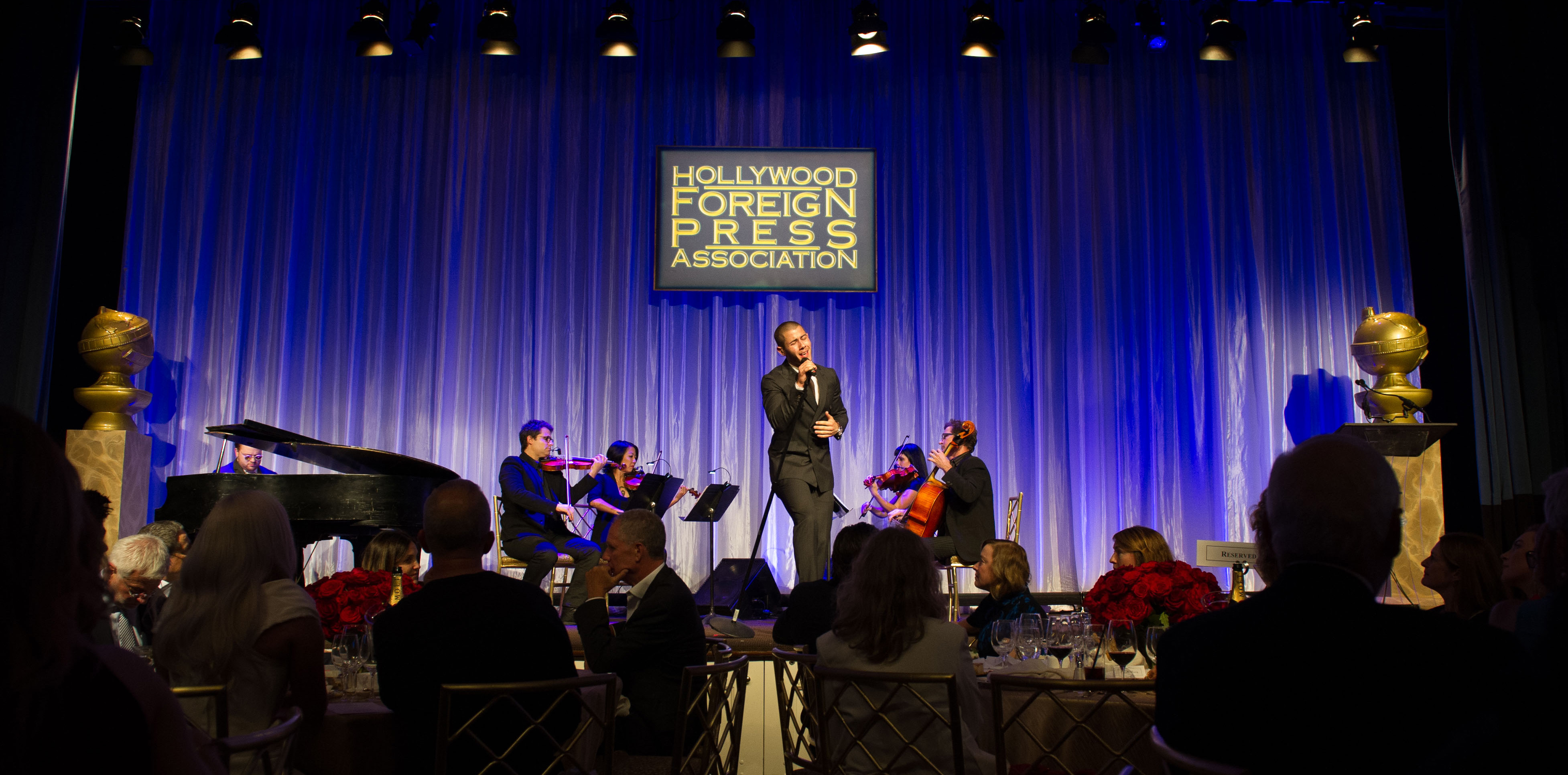 Beverly Hills, CA. August 13, 2015 Hollywood Foreign Press Association presents annual Grants Dinner Thursday night from the Beverly Wilshire Hotel.  The HFPA will present more than $2 million in donations to non-profit entertainment-related organizations and scholarship programs.  Pictured: Nick Jonas performing.