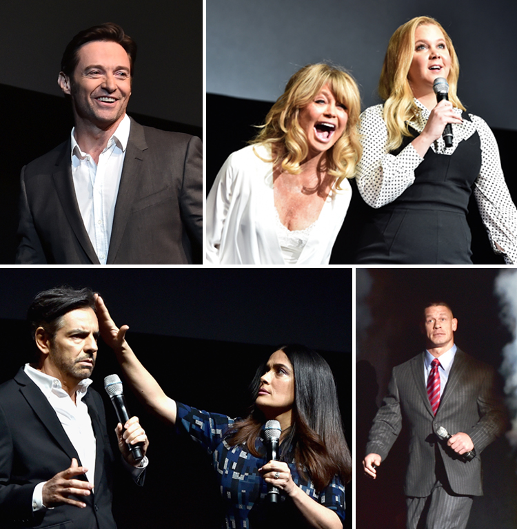 Closing arguments. (Clockwise from top left): Hugh Jackman; Goldie Hawn and Amy Schumer; Eugenio (aka Eugene) Derbez and Salma Hayek and ; and John Cena and his epic entrance.