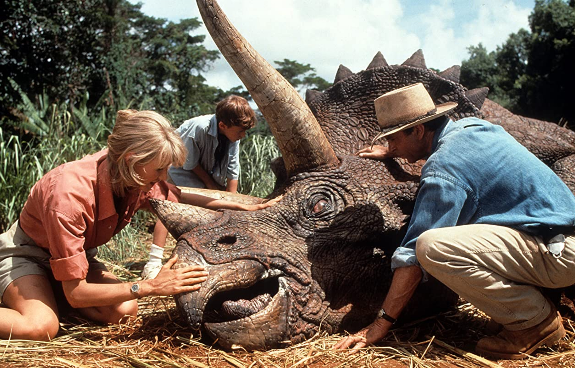 Laura Dern, Sam Neill, and Joseph Mazzello in “Jurassic Park” (1993)