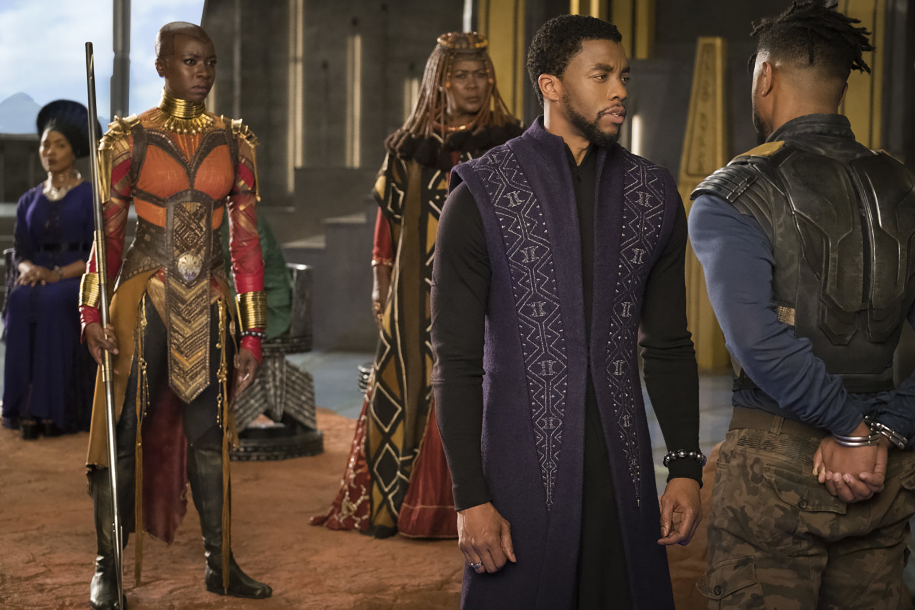 Angela Bassett, Connie Chiume, Michael B. Jordan, Chadwick Boseman, and Danai Gurira in “Black Panther” (2018)