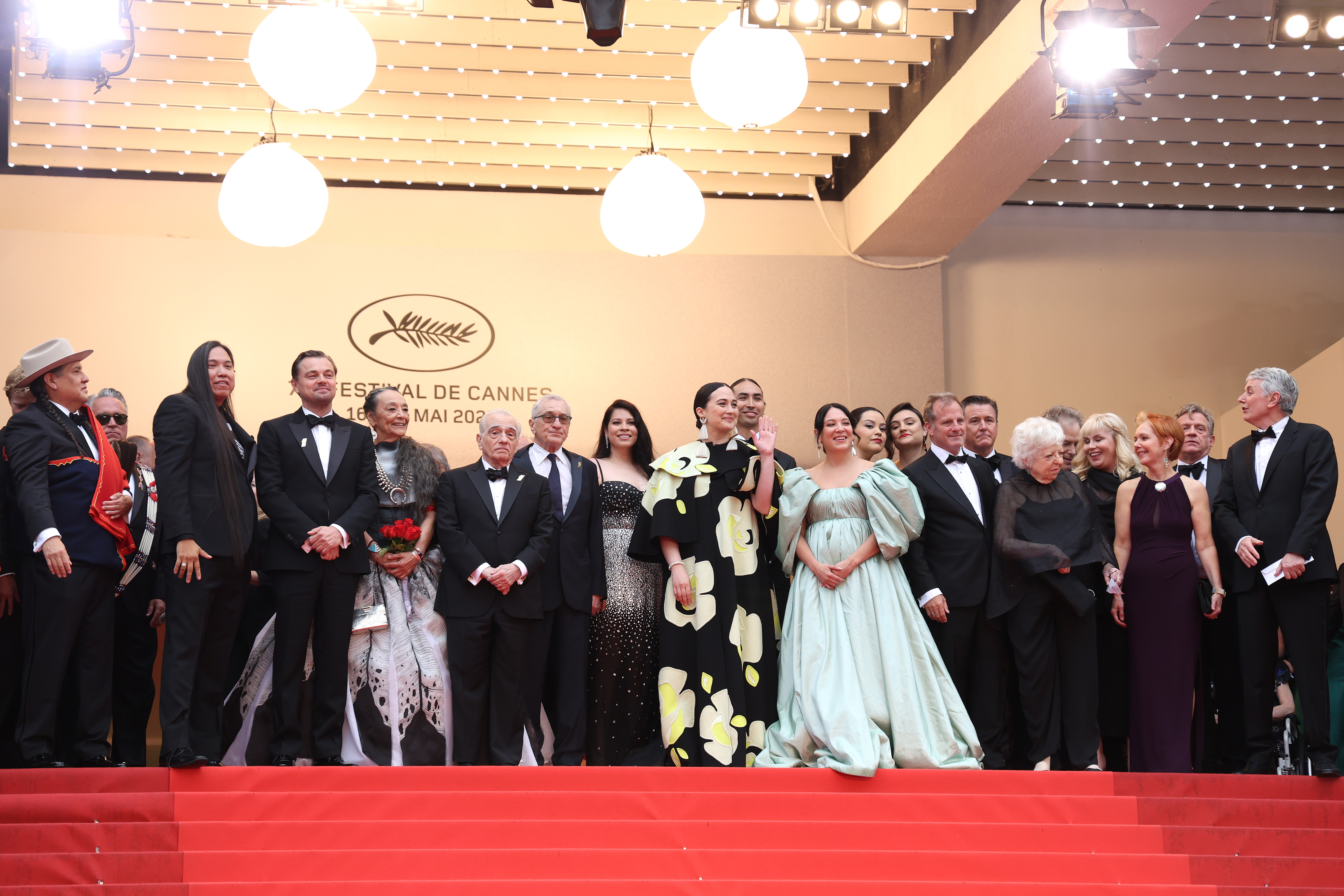  (L to R) Yancey Red Corn, William Belleau, Leonardo DiCaprio, Tantoo Cardinal, Martin Scorsese, Robert De Niro, Cara Jade Myers, Lily Gladstone, Tatanka Means, Jillian Dion, Janae Collins, and guests attend the "Killers Of The Flower Moon" red carpet during the 76th annual Cannes film festival at Palais des Festivals on May 20, 2023 in Cannes, France. 