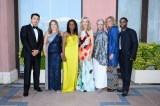 Teo Yoo (left), Danielle Turkov Wilson, Misan Sagay, Helen Hoehne, Jeanine Jackson, Geralyn White Dreyfous, Jharrel Jerome