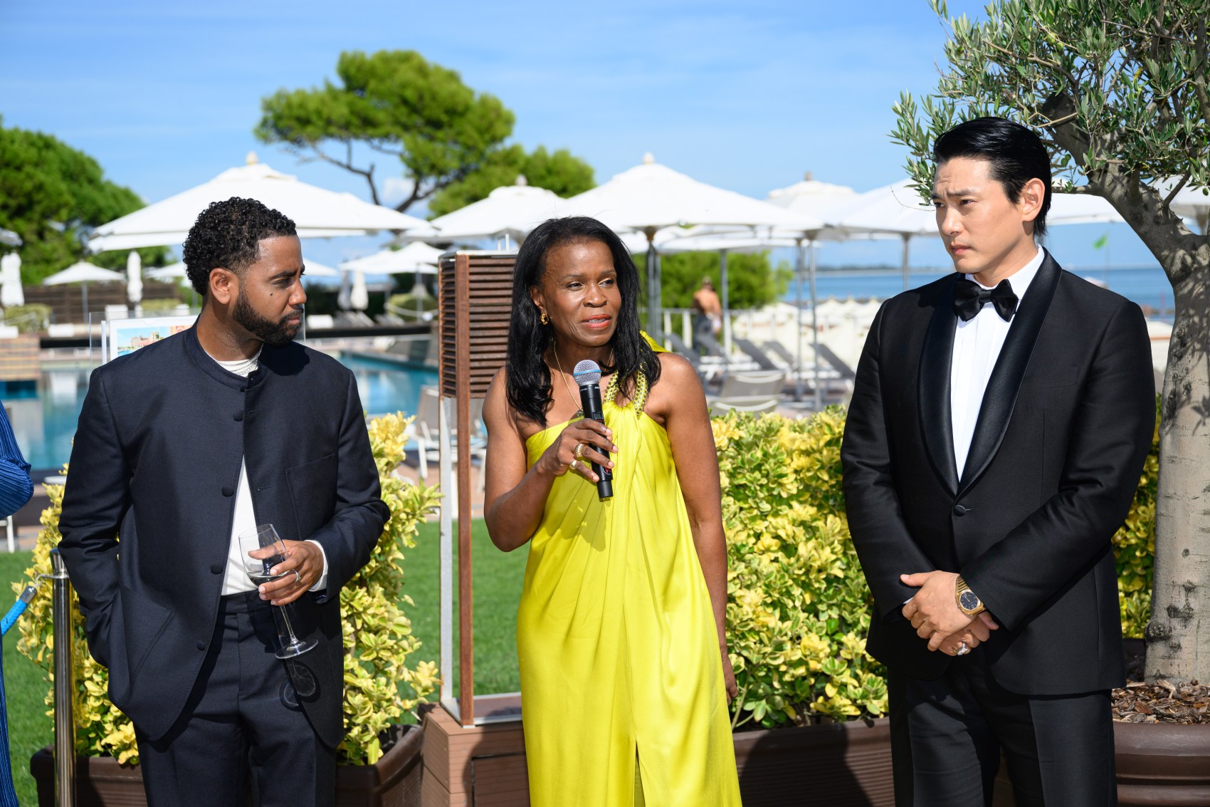 Jharrel Jerome (left); Misan Sagay, screenwriter and juror; and Teo Yoo