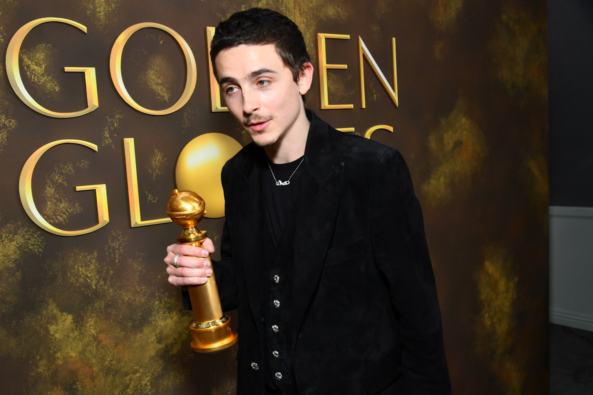 Timothée Chalamet with Golden Globe backstage